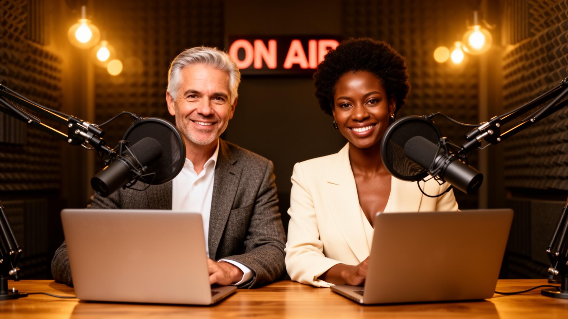 Two podcast hosts — a distinguished man and woman speaking into broadcast microphones in a warm studio