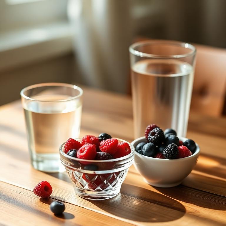 A glass of water and small bowls of mixed berries on a wooden table