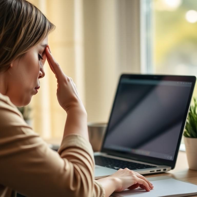 Person at a desk pressing fingers to their temple in front of a laptop
