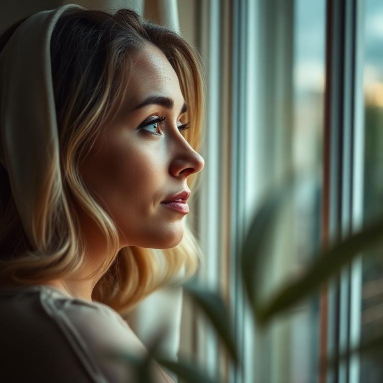 Woman gazing thoughtfully out a window in soft diffused light