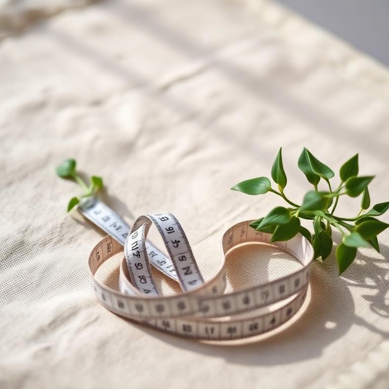 A measuring tape coiled on linen fabric beside a small green plant