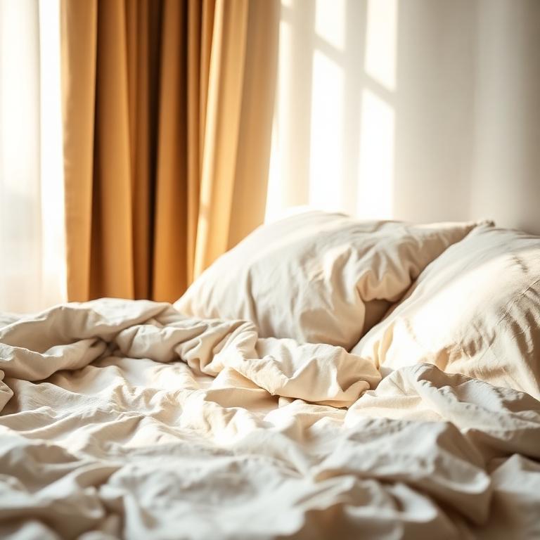 Rumpled linen bedsheets in soft early morning light