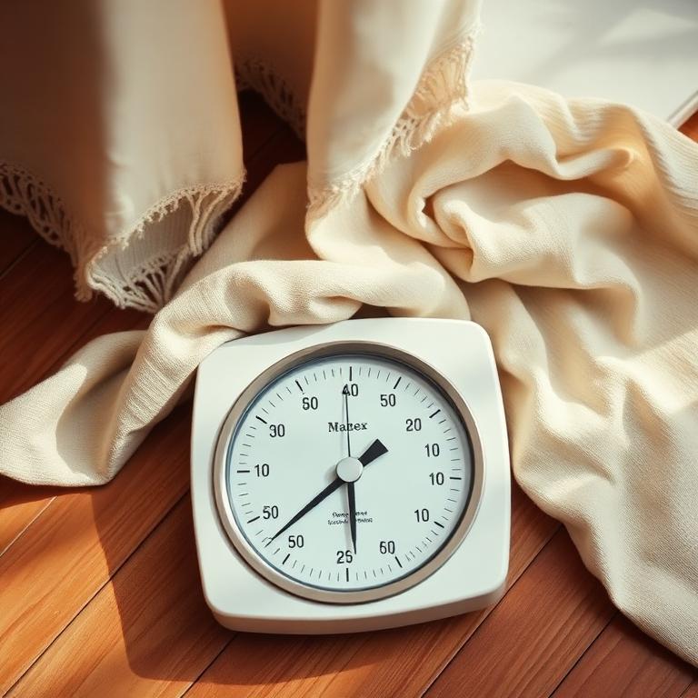 Vintage analog bathroom scale on a warm wood floor with linen fabric