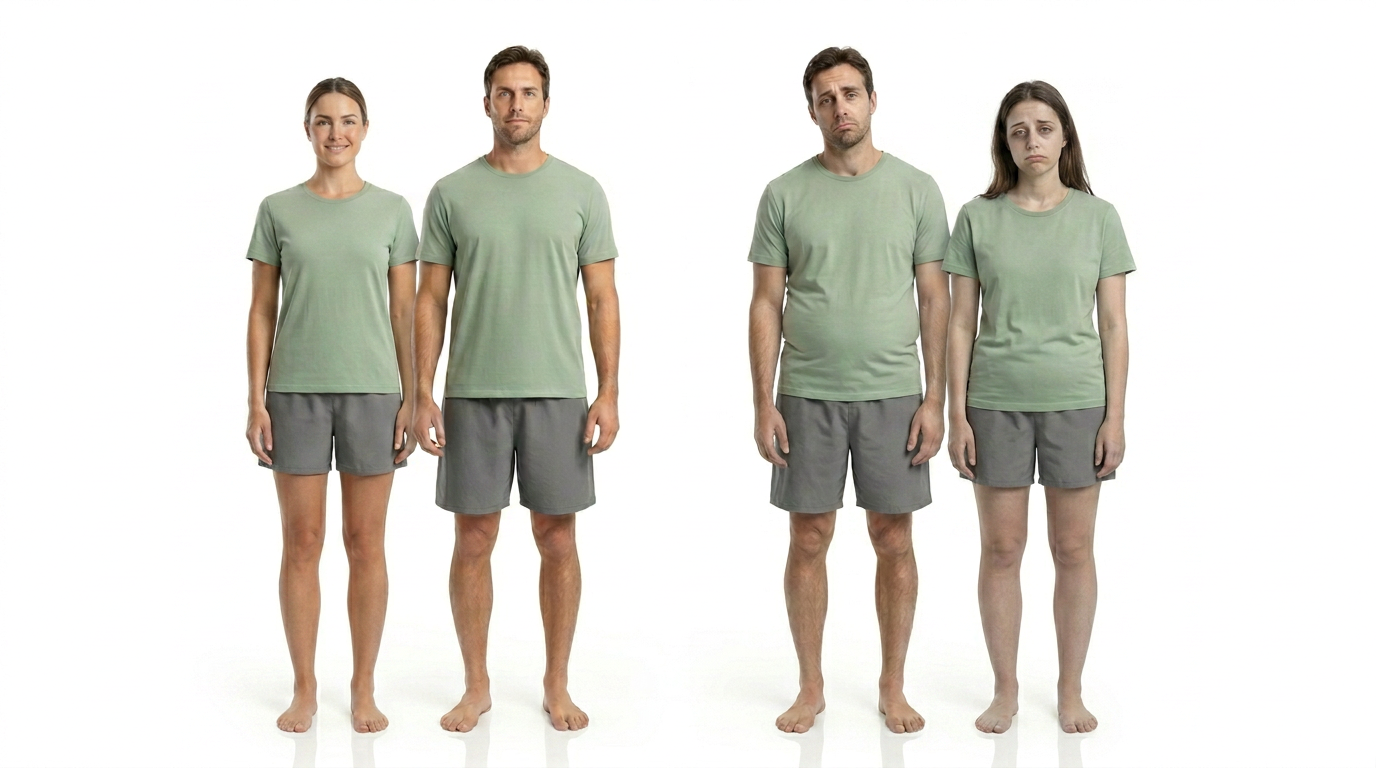 Two people of similar build standing side by side, outside view