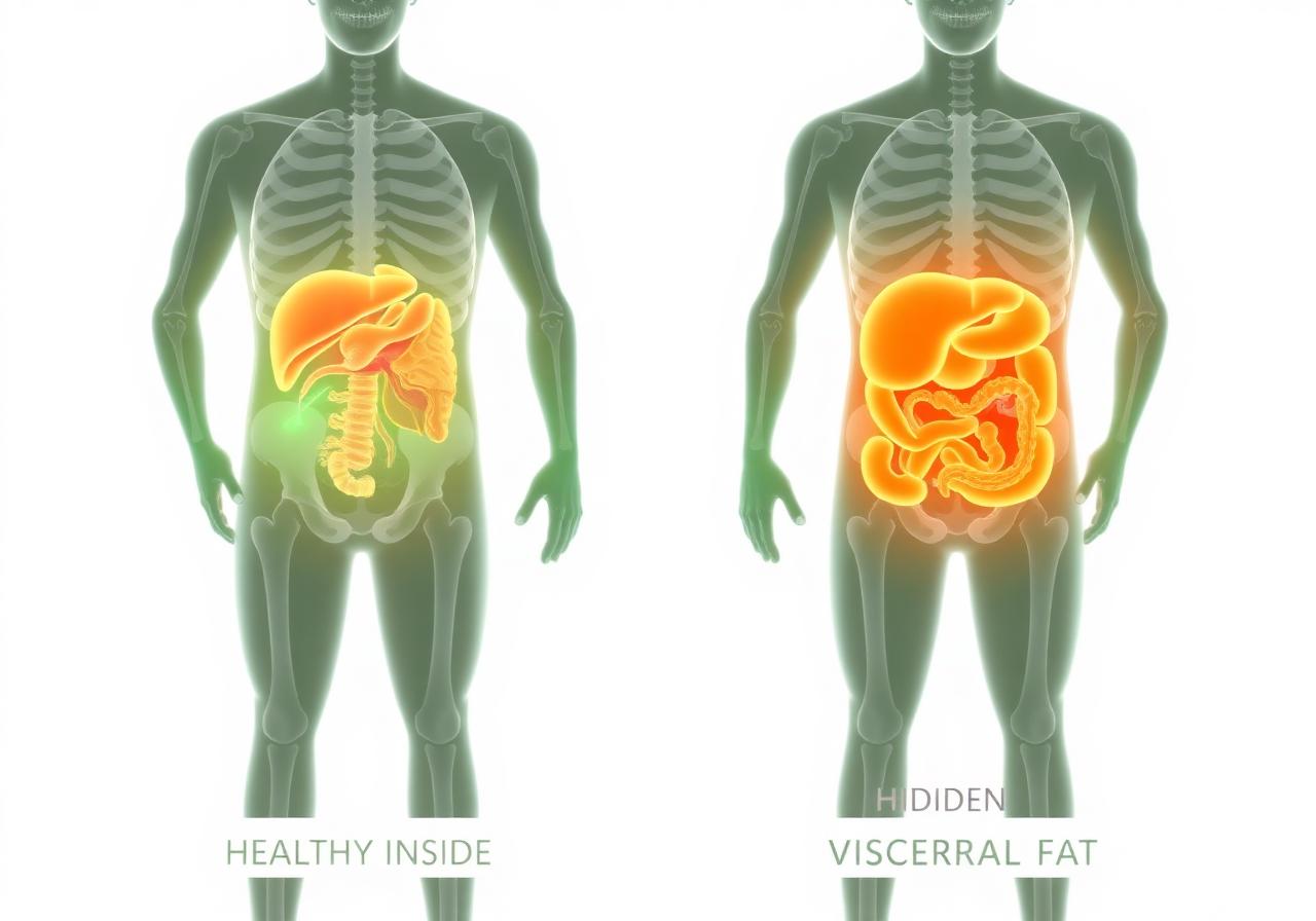 X-ray comparison: one person with healthy organs, the other with hidden visceral fat surrounding organs